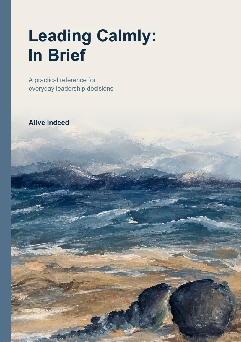 The cover of Leading Calmly: In Brief: a painting of waves and rocks on a beach.