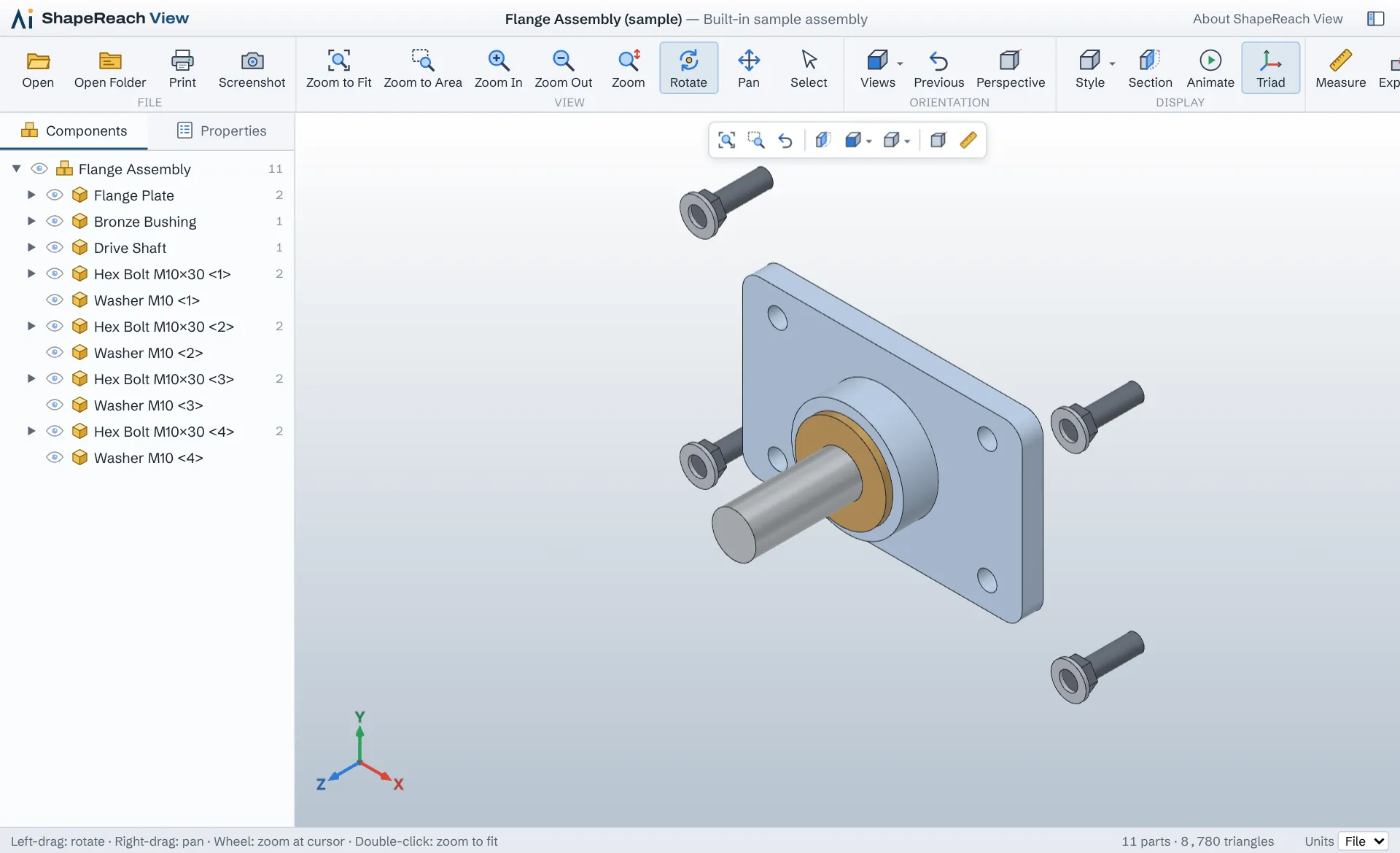 ShapeReach View with a sample assembly whose parts are shown apart. The list of the assembly's parts is on the left.